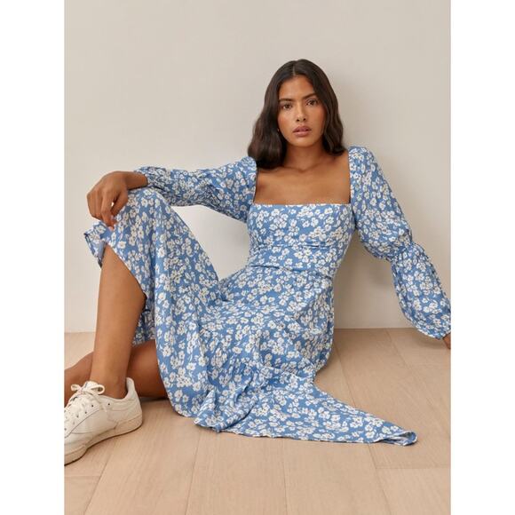 Reformation Mica Square Neck Floral Midi Dress in Daniella Blue White Size 4 - Picture 2 of 8